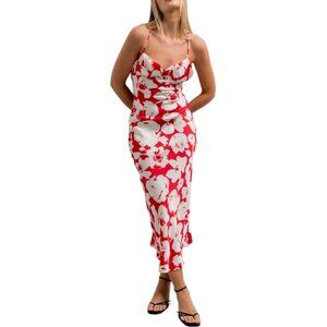 (NWT) Women Satin Floral Print Spaghetti Strap cowl neck long red summer dress